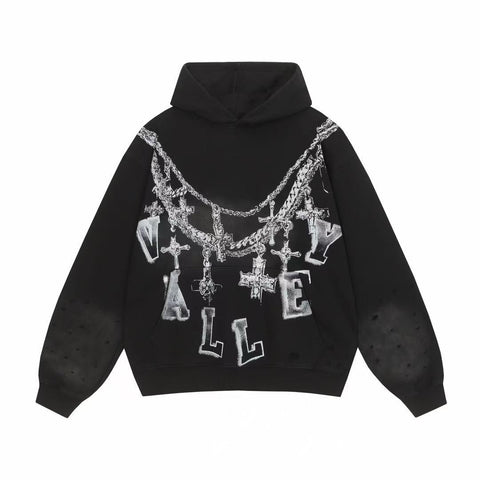 Vale Forever Chain Cross Graphic Distressed Hoodie