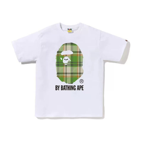BAPE Style Tartan Plaid Big Ape Head Short-Sleeve Tee - White/Green