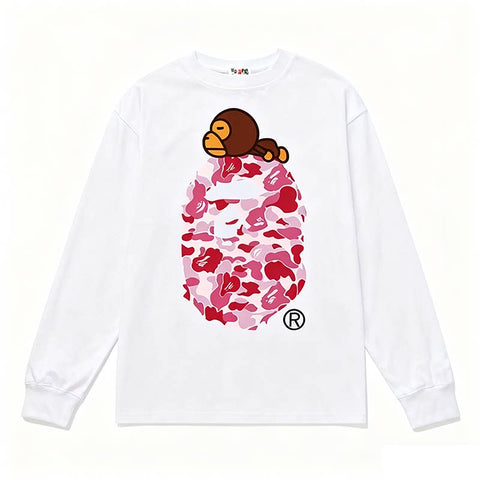 BAPE Style Baby Milo on Camo Ape Head Long-Sleeve Tee - White/Pink