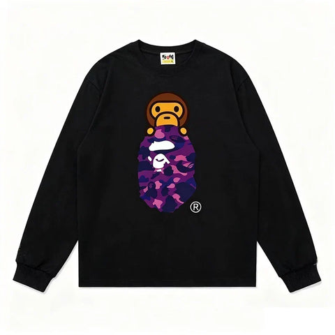 BAPE Style Baby Milo Peeking on Camo Ape Head Long-Sleeve Tee - Black/Purple