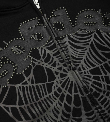 Sp5der OG Web Studded Zip Hoodie Black