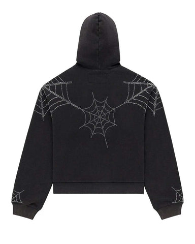 Sp5der Rhinestone Web Zip Up Hoodie Black