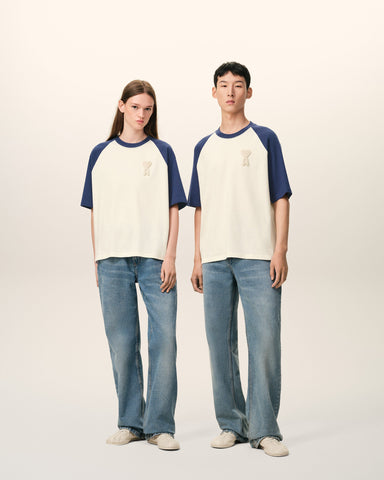 White And Blue Cotton Ami De Coeur Knitted Patch T-shirt