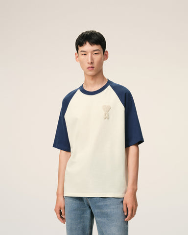 White And Blue Cotton Ami De Coeur Knitted Patch T-shirt