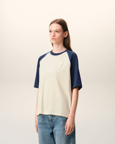 White And Blue Cotton Ami De Coeur Knitted Patch T-shirt