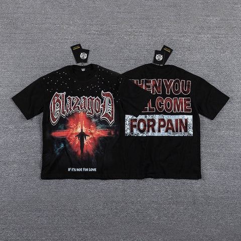 Glazagod Red Star "Then You Welcome For Pain" Double‑Sided Graphic Print Crew Neck Streetwear T‑Shirt