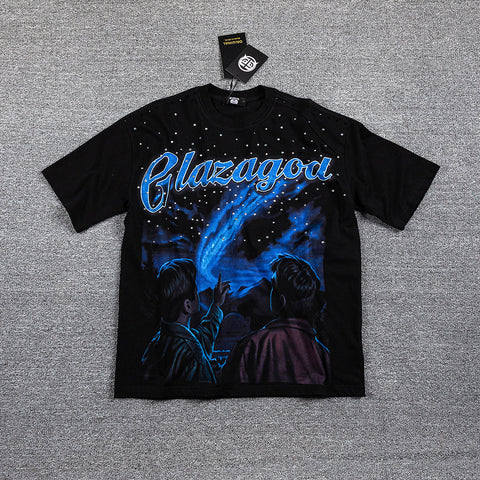 Glazagod Blue Abstract Demon Mask Double‑Sided Graphic Print Crew Neck Streetwear T‑Shirt