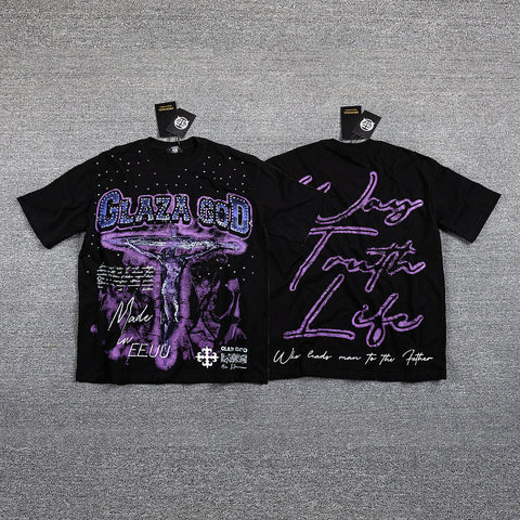 Glazagod Purple Gothic Double‑Sided Graphic Print Crew Neck Streetwear T‑Shirt