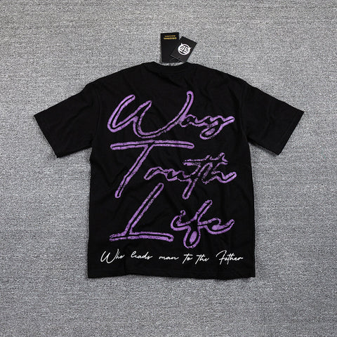 Glazagod Purple Gothic Double‑Sided Graphic Print Crew Neck Streetwear T‑Shirt