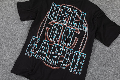 Glazagod Black Retro Fire Earth Gothic Graphic Print Crew Neck Streetwear T‑Shirt