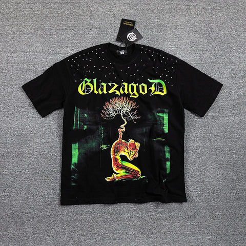 Glazagod Green‑Yellow "VADE RETRO TENEBRAS" Double‑Sided Graphic Print Crew Neck Streetwear T‑Shirt
