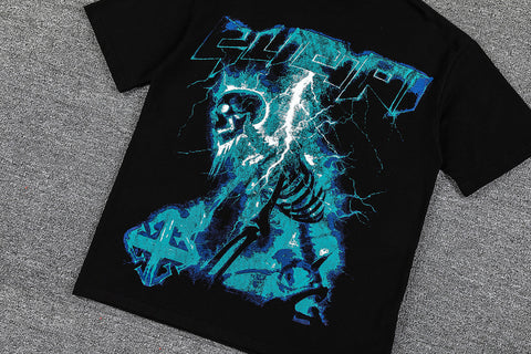 Cyan Lightning Cross Double‑Sided Graphic Print Crew Neck Streetwear T‑Shirt
