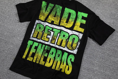 Glazagod Green‑Yellow "VADE RETRO TENEBRAS" Double‑Sided Graphic Print Crew Neck Streetwear T‑Shirt