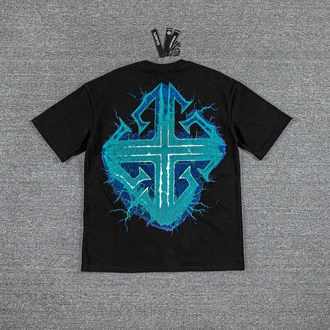 Cyan Lightning Cross Double‑Sided Graphic Print Crew Neck Streetwear T‑Shirt