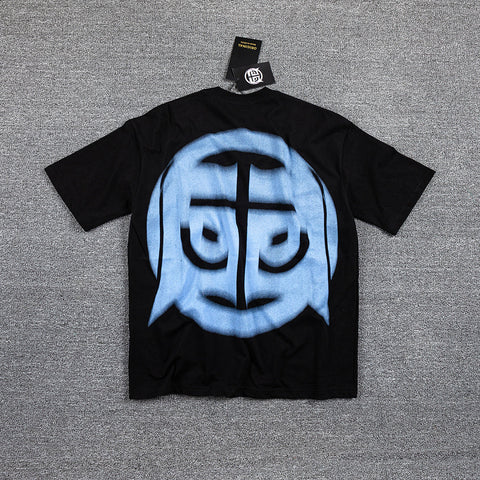 Glazagod Blue Abstract Demon Mask Double‑Sided Graphic Print Crew Neck Streetwear T‑Shirt