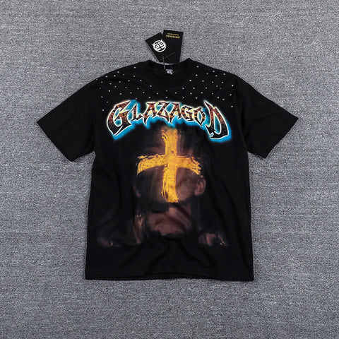Glazagod Golden Cross Blessed In The Vision Double‑Sided Graphic Print Crew Neck Streetwear T‑Shirt