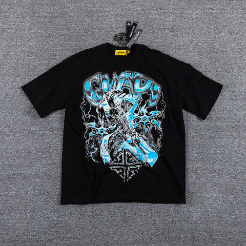 Blue Cyan Skull Demon Double‑Sided Graphic Print Crew Neck Streetwear T‑Shirt